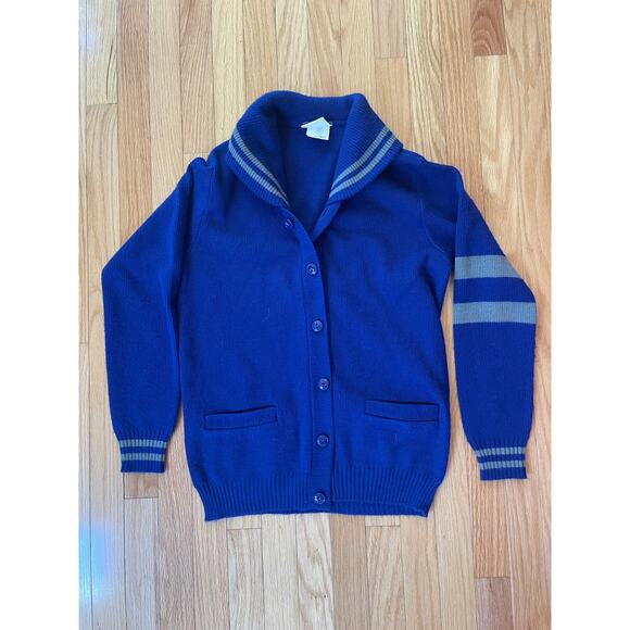 Vintage Letterman Cardigan Sweater, Active Knit, Blue, Acrylic, Made in Canada - Picture 1 of 5